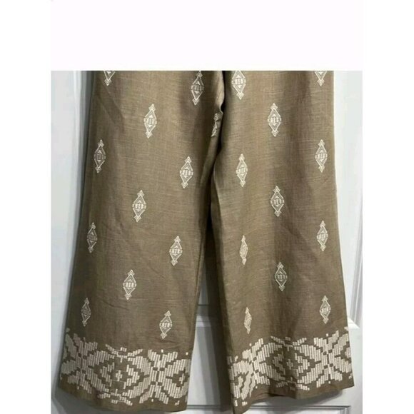 ZARA Linen Blend Embroidered Wide Leg Crop Pants Beige Blogger F 2731 047 - Picture 10 of 12